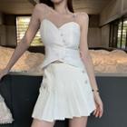 Spaghetti Strap Asymmetric Ribbon Top / Rhinestone A-line Mini Pleated Skirt