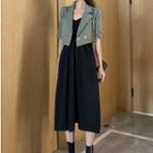 Plain Double-breasted Elbow-sleeve Cropped Blazer / Strapless Midi A-line Dress
