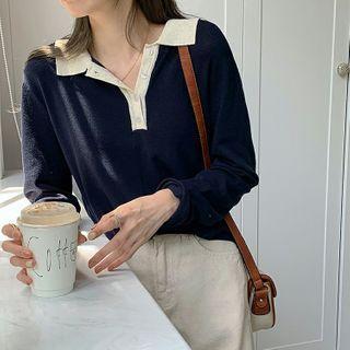 Color-block Long-sleeve Knit Polo-shirt