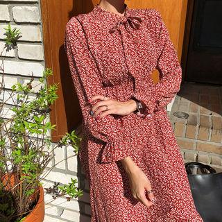 Tie-neck Frill-trim Midi Floral Dress