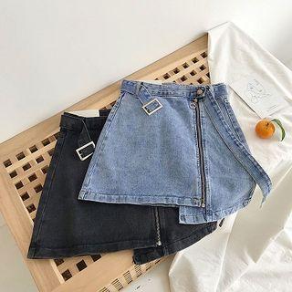 Asymmetric Zip High-waist Denim Skirt With Belt