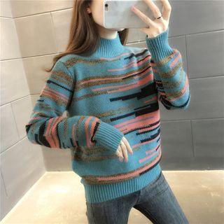 Mock Neck Irregular Striped Knit Sweater
