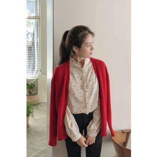 Mandarin-collar Heart Pattern Frilled Blouse Ivory - One Size