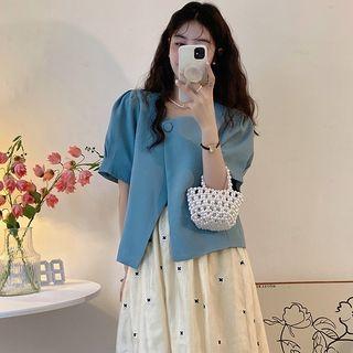 Short-sleeve Buttoned Top + Patterned Midi Skirt