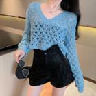 Long-sleeve Perforated Knit Top / Faux Leather Shorts