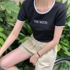 The Moon Embroidered Cropped Ringer Knit Top