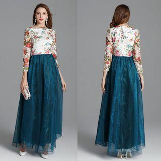 3/4-sleeve Floral Embroidered A-line Evening Gown