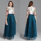 3/4-sleeve Floral Embroidered A-line Evening Gown