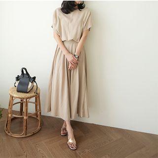 Set: Round-neck Cotton T-shirt + Band-waist Flare Skirt