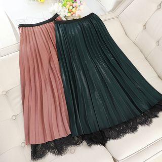 Lace Panel Midi Accordion Pleat Skirt