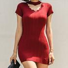 Short-sleeve V-neck Rib-knit Mini Bodycon Dress Red - One Size