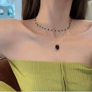 Rectangle Faux Crystal Pendant Layered Choker Necklace Black & Gold - One Size