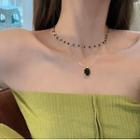 Rectangle Faux Crystal Pendant Layered Choker Necklace Black & Gold - One Size