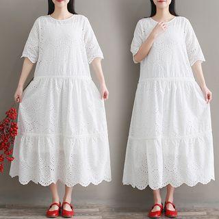 Set: Eyelet Elbow-sleeve Midi A-line Dress + Camisole