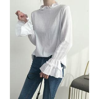 Frill-neck Ruffle-cuff Cotton Top