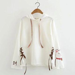 Cat Print Drawstring Hoodie White - One Size
