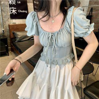 Puff-sleeve Ruffle-trim Cropped Top