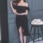 Off-shoulder Frill Trim Slit Midi A-line Dress