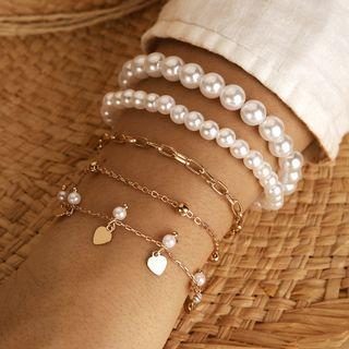 Set Of 5: Faux Pearl Bracelet Set Of 5 - 14910 - Faux Pearl - White & Gold - One Size
