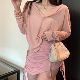 Long-sleeve V-neck Top / Drawstring Mini Fitted Skirt