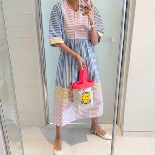 Round-neck Striped A-line Dress Blue - One Size