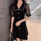 Elbow-sleeve Sequined Mesh Paneled A-line Dress