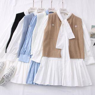 Set: Tie-neckline Pleated Mini Shirtdress + Open-front Knit Vest