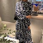 Floral Long-sleeve Midi A-line Dress Navy Blue - One Size