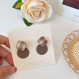 Plaid Square & Disc Alloy Earring 1 Pair - 925 Silver Needle - Plaid - Red - One Size