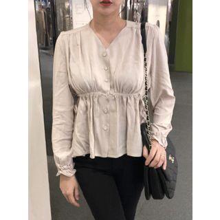 Drawstring-waist Shirred Blouse