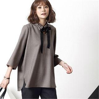 3/4-sleeve Tie-front Checked Top Beige - One Size