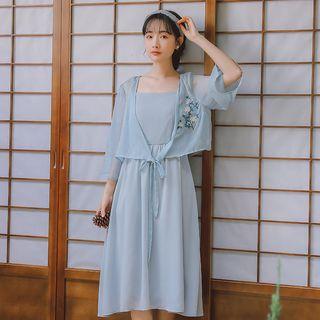 Floral Embroidered 3/4 Sleeve Light Jacket / Plain Slipdress