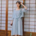 Floral Embroidered 3/4 Sleeve Light Jacket / Plain Slipdress