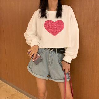 Heart Print Long-sleeve T-shirt White - One Size
