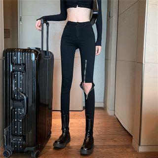 High-waist Zip Ripped Skinny Cropped Pants