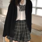 Plain Cardigan / Bow Accent Shirt / Plaid Mini A-line Skirt