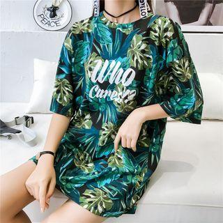 Elbow-sleeve Lettering Leaf Print T-shirt