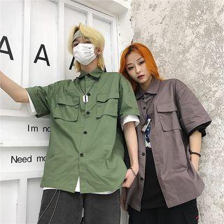 Pocket-front Plain Short-sleeve Shirt