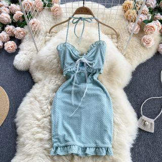 Halter Cutout Drawstring Sleeveless Dress