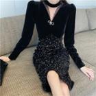 Long-sleeve Velvet Panel Sequined Midi Sheath Dress