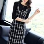 Set: Crew-neck 3/4-sleeve Knit Top + Plaid Pinafore Dress