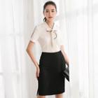 Set: Bow Accent Short Sleeve Shirt + Straight Cut Skirt