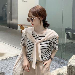 Short-sleeve Shawl Panel Striped T-shirt
