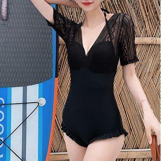 Set: Short-sleeve Lace Panel Swimsuit + Cover-up Skirt