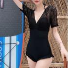 Set: Short-sleeve Lace Panel Swimsuit + Cover-up Skirt