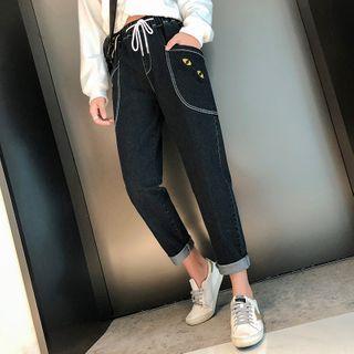 Cat Embroidered Cropped Straight-fit Jeans