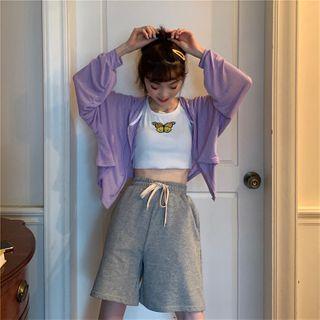 Plain Shorts / Butterfly Embroidered Cropped Camisole Top / Zip Hoodie