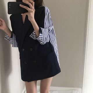 Striped Panel Double-breasted Blazer As Shown In Figure - One Size