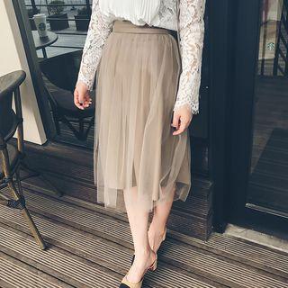 Faux Leather Mesh Overlay Midi Skirt