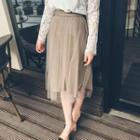 Faux Leather Mesh Overlay Midi Skirt